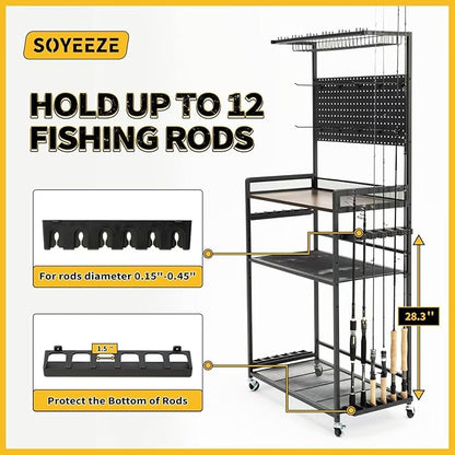 SOYEEZE Large Size Fishing Rod Holders for Garage, Heavy Duty 4-Tier Fishing Pole Rack Holds up to 12 Rods with Pegboard and Hooks, Fishing Gear Organizer, Fishing Storage Cart with Lockable Wheels