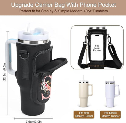 Initial Water Bottle Holder with Strap for Stanley 40 oz Tumbler/Simple Modern 40 oz Tumbler,Water Bottle Carrier Bag with Strap,Personalized A-Z Phone Pocket for Stanley Cup Accessories