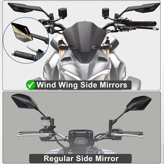 Motorcycle Rear View Mirrors, Stealth Wind Wing Side Mirrors Compatible with 2025 Kawasaki Z400 Z650 Z900 Z1000 Duke 125 200 250 390 690 790 1290 MT03 MT07 MT09 MT10 etc (Large Mirror(Anti-glare))