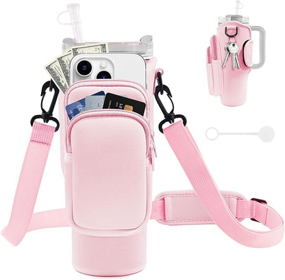 Water Bottle Carrier Bag with Phone Pocket for Stanley Cup 40/30 oz, Water Bottle Holder with Adjustable Strap& Straw Cover, Stanley Cup Accessories