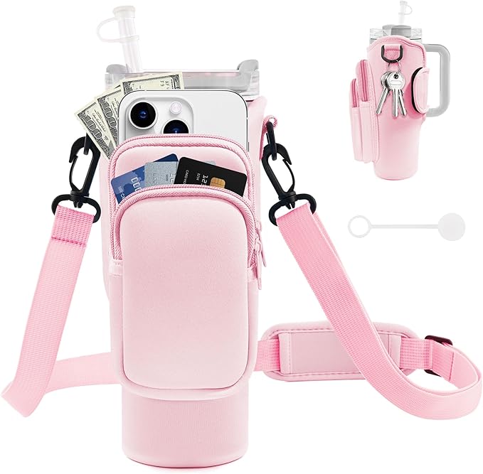 Water Bottle Carrier Bag with Phone Pocket for Stanley Cup 40/30 oz, Water Bottle Holder with Adjustable Strap& Straw Cover, Stanley Cup Accessories