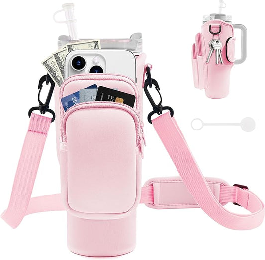 Water Bottle Carrier Bag with Phone Pocket for Stanley Cup 40/30 oz, Water Bottle Holder with Adjustable Strap& Straw Cover, Stanley Cup Accessories