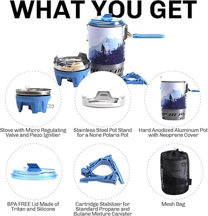 Fire Maple Polaris Pressure Regulator Cooking System | Portable Camping Backpacking Gas Stove with Piezo Ignition POT Support & Stand | Compact Gas Stove Burner for Hiking Bushcraft Trekking (Blue)