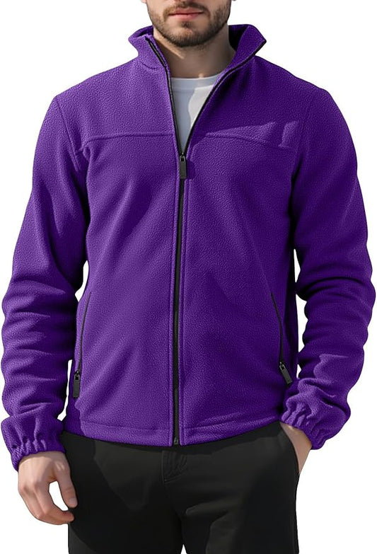 Mens Polar Fleece Jacket Full Zip Lightweight Casual Outdoor Jackets Stand Collar Warm Coats with Pockets