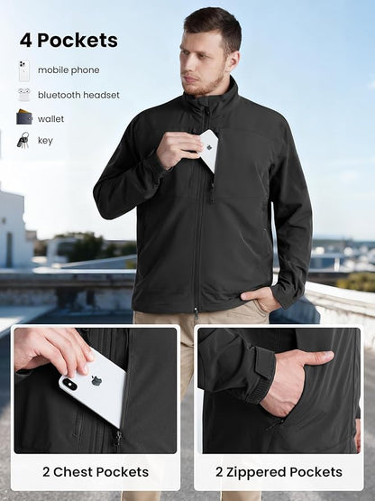 Men's Lightweight Waterproof Jacket,Tactical Rain Zip Up Softshell Jacket Windbreaker Casual for Hiking Travel Golf