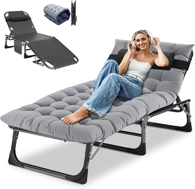 DoCred Heavy Duty Chaise Lounge Chair, Adjustable 5-Position Folding Chaise Lounge Chairs for Outside, Portable Lay Flat Beach Lounge Chair for Outdoor Sunbathing Beach Pool Lawn Camping