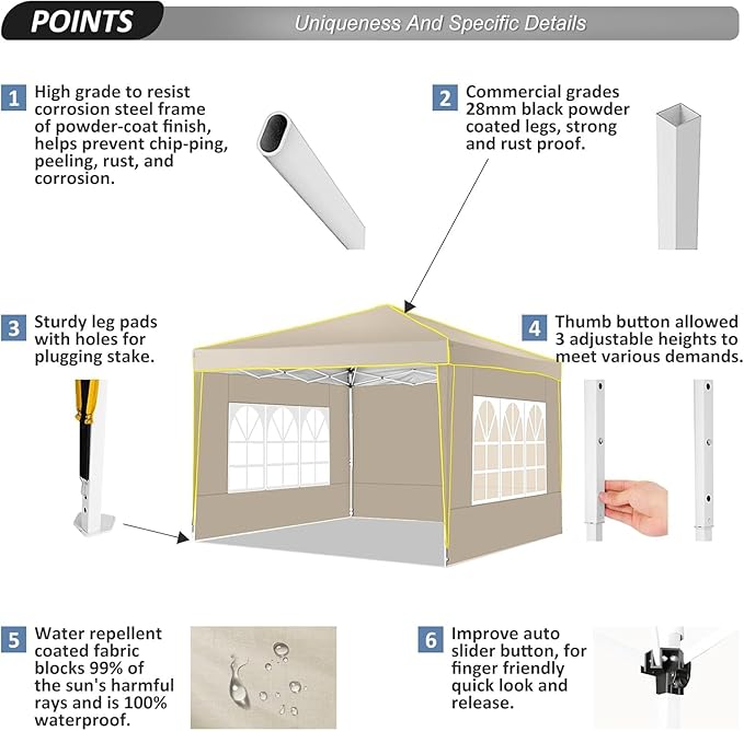 COBIZI 10x10 Pop Up Canopy with 4 Sidewalls, Easy up Canopy for Events, Sports, Beach, Party, Outdoor Party Canopies with 4 Weight Bags, Stakes x4, Ropes x4, Khaki