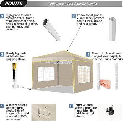 COBIZI 10x10 Pop Up Canopy with 4 Sidewalls, Easy up Canopy for Events, Sports, Beach, Party, Outdoor Party Canopies with 4 Weight Bags, Stakes x4, Ropes x4, Khaki