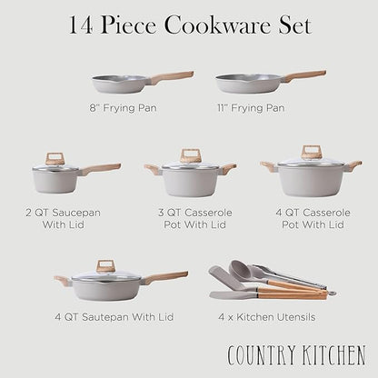 Country Kitchen Pots and Pans Set Nonstick, Cast Aluminum Kitchen Cookware Set with Utensils, 14 Pcs Non Stick Cooking Set w/Frying Pans & Saucepans, Grey