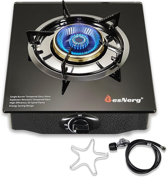 Propane Stove 1 Burner Gas Stove, 14500 BTU High-Efficiency Auto Ignition Tempered Glass LPG Cooktop with CSA Regulator and Hose – for Outdoor Camping, RV, and Emergency Cooking