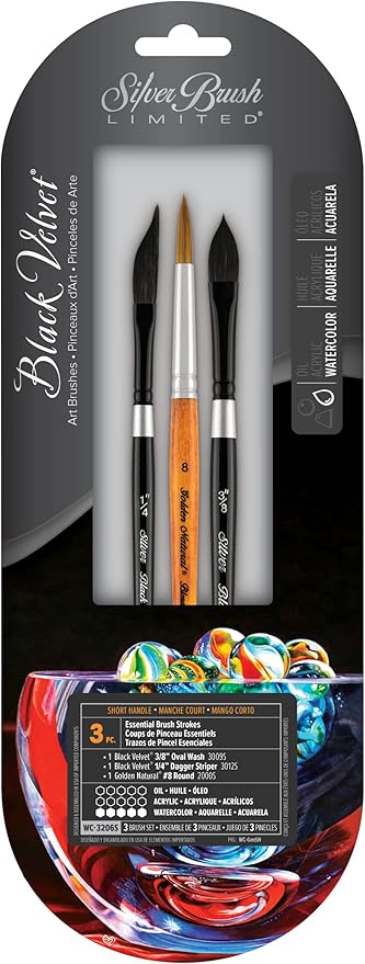 Silver Brush Limited WC-3206S Black Velvet Round Watercolor Brushes, Set of 3 Brushes, Golden Natural Round Size 8, Black Velvet Oval Wash and Dagger Striper Size 3/8 and Size 1/4