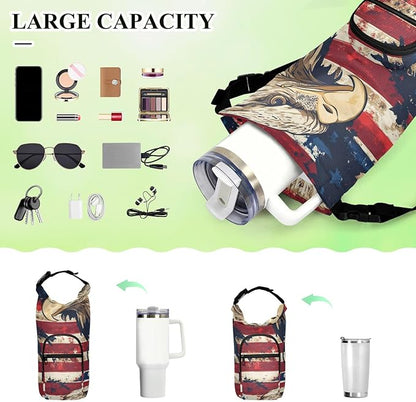 Blue and Red Eagle and Flag Water Bottle Holder with Strap Insulated Water Bottle Carrier Crossbody Bags Pouch with Phone Pocket for Travel Gym Hiking Walking Running