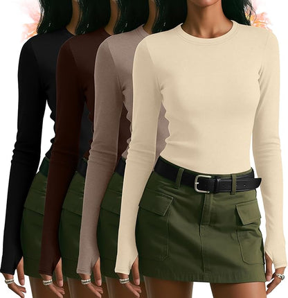 Neer 4 Pack Women's Fleece Thermal Long Sleeve Shirts, Thumb Holes Crew Neck Slim Fit Tops Warm Workout Basic Undershirt
