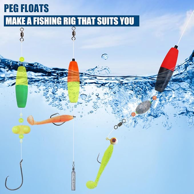 Bicolor Peg Floats, 1.5'' 2'' 2.5'' 3'' Cigar Fishing Cork Bobber Foam Floats with Pipe Plug for Catfish Santee Rigs 35 Pack
