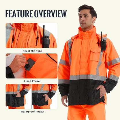 SKSAFETY Hi Vis Reflective Rain suits for Men Waterproof - High Vis Safety Rain Jacket, High Visibility Raincoat for Men
