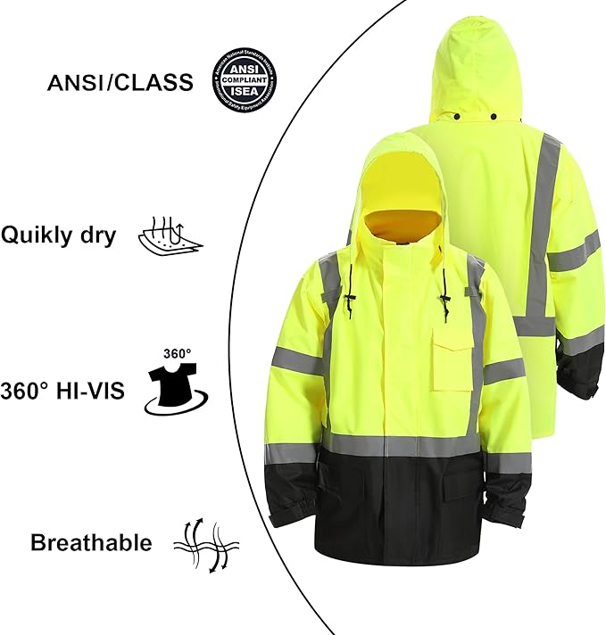 Reflective Rain jackets for men waterproof,Hi Vis Safety Coat With Reflective Strips，High Visibility Class 3 Rain jackets With 2 large pockets，Zipper,Black Bottom Lime,4XL/5XL