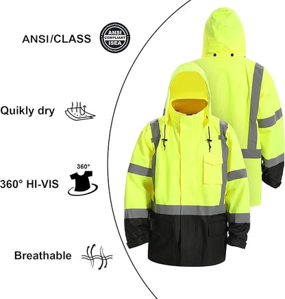 Reflective Rain jackets for men waterproof,Hi Vis Safety Coat With Reflective Strips，High Visibility Class 3 Rain jackets With 2 large pockets，Zipper,Black Bottom Lime,LG/XL
