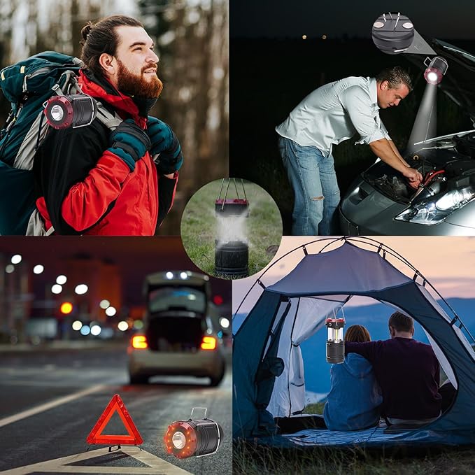 Lichamp 4 Pack Lantern Camping Essentials Lights, Battery Powered Collapsible Lanterns Flashlights with Red Strobe/SOS, Magnetic Base, for Power Outages, Hurricane, Tent Lights for Emergency