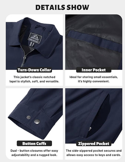TACVASEN Mens Lightweight Windbreaker Full Zip Up Laydown Collar Jackets Light Casual Coat with Zip Pockets