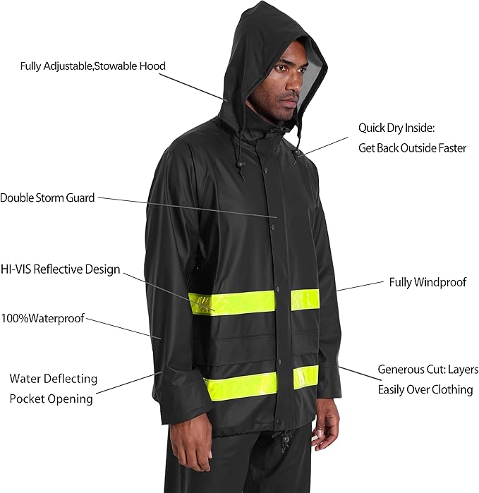 Hi-Vis Rain Jacket for Men – Waterproof Work Safety Coat with Reflective Strips, EN 343 Certified, Durable PU