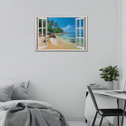 ANRUOXI Beach Pictures Wall Art Decor for Living Room, Blue Ocean Painting Decor for Bedroom, White Window Frame Style Palm Trees Canvas Wall Decor, Coastal View Artwork for Bedroom Office 32x48 Inch