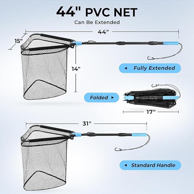 Calamus Triangle Fishing Net, Foldable, Lightweight & Strong Landing Net with Non-Slip Elastomer Handle, Built-in Elastic Lanyard and Belt Clip, Fishing Gear - Gift for Men