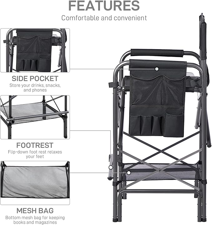 EVER ADVANCED 2 Piece 30.7" Seat Height Directors Chairs for Makeup Artist with Side Table Easy Get in Out for Elderly Tall Camping Chair Supports 350lbs Black