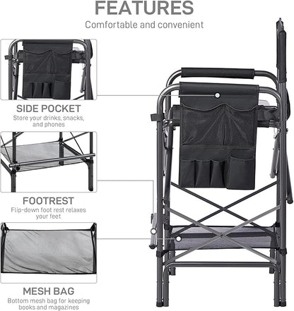 EVER ADVANCED 2 Piece 30.7" Seat Height Directors Chairs for Makeup Artist with Side Table Easy Get in Out for Elderly Tall Camping Chair Supports 350lbs Black