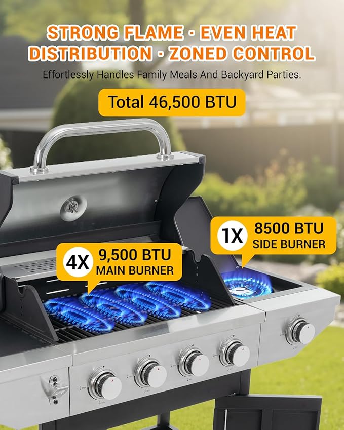 4-Burner Propane Gas BBQ Grill with Side Burner, 46,500 BTU Output Stainless Steel Barbecue Grill with Enameled Cast Iron Grates and Side Tables for Outdoor Cooking Kitchen and Patio Backyard