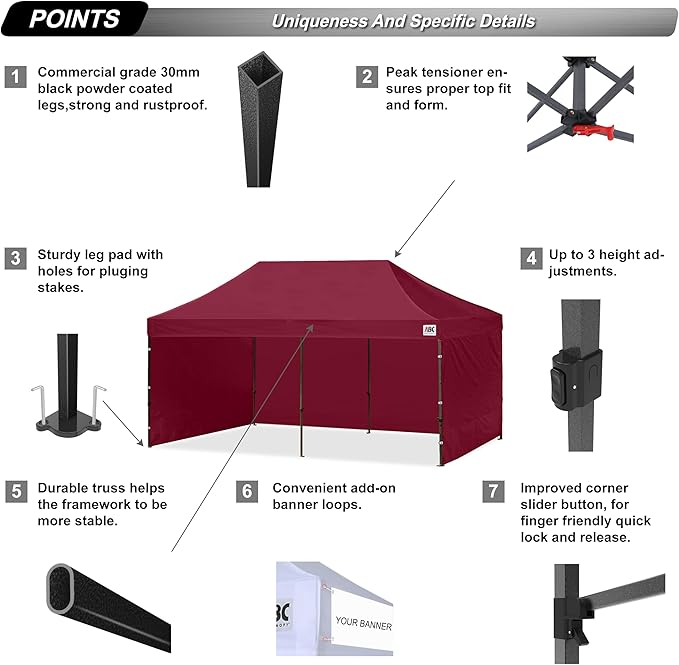 ABCCANOPY Heavy Duty Easy Pop up Canopy Tent with Sidewalls 10x20, Burgundy
