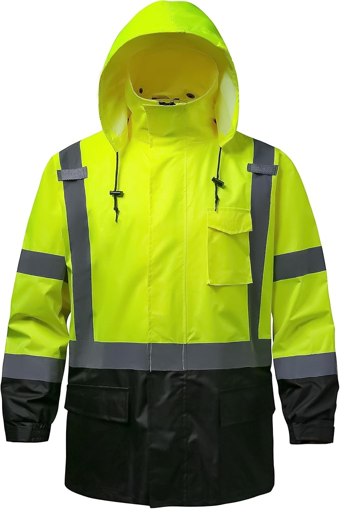 Reflective Rain jackets for men waterproof,Hi Vis Safety Coat With Reflective Strips，High Visibility Class 3 Rain jackets With 2 large pockets，Zipper,Black Bottom Lime,4XL/5XL