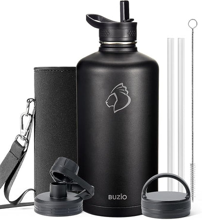 BUZIO Gallon Water Bottle Insulated with straw and 3 lids, 128 oz Water Jug Large Vacuum Stainless Steel Metal Flask, Leak Proof & BPA-Free, Cold for 48 Hrs, Black
