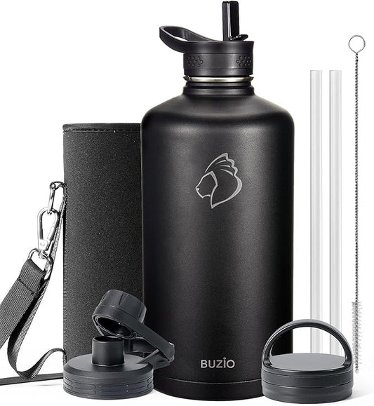 BUZIO Gallon Water Bottle Insulated with straw and 3 lids, 128 oz Water Jug Large Vacuum Stainless Steel Metal Flask, Leak Proof & BPA-Free, Cold for 48 Hrs, Black