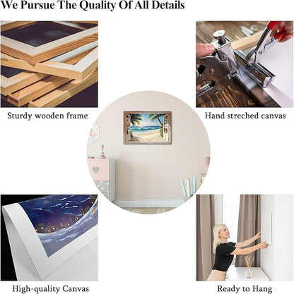 ANRUOXI Beach Wall Art, Blue Ocean Canvas Prints Wall Decor, Window Frame Style Sea Canvas Wall Decor, Ocean Seaside Painting, Nature Coastal Landscape Framed Artwork for Living Room Office 12x18 Inch