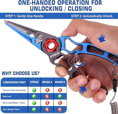 Fishing Pliers, Titanium Alloy Clamp Head Fishing Gear,Saltwater Resistant Fishing Tools, Hook Remover Braid Line Cutting and Split Ring Pliers, with Sheath and Lanyard