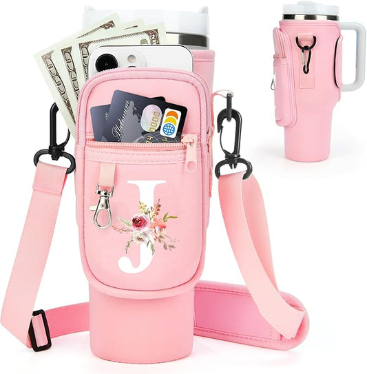 Initial Water Bottle Holder with Strap for Stanley 40 oz Tumbler/Simple Modern 40 oz Tumbler,Water Bottle Carrier Bag with Strap,Personalized A-Z Phone Pocket for Stanley Cup Accessories