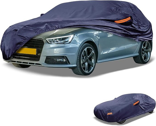 Universal Car Cover Waterproof All Weather 190T-PU, UV Sun Rain Protection, Fits for Sedan Length Up to 177", with Left Side Zipper, Navy Blue