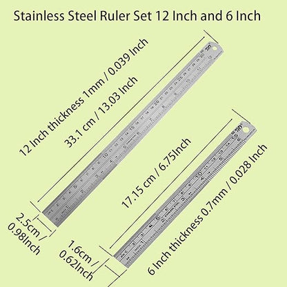 YouOKLight Metal Ruler Set, 6 inch Ruler and 12 inch Ruler. Ruler Inches and Centimeters, Metric Ruler 12 Inches, Metal Ruler 12 inch, Drawing Ruler, Precision Measuring Metal Ruler Silver
