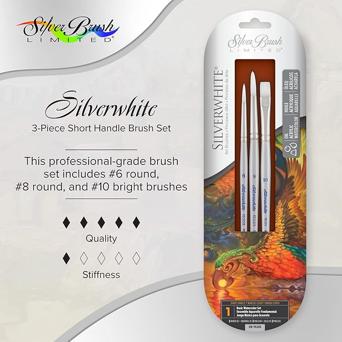 Silver Brush Limited SW-1520S Silverwhite Basic Watercolor Set for Watercolor Painting, Set of 3, #10 Bright, #6 & #8 Round Brushes, Short Handle