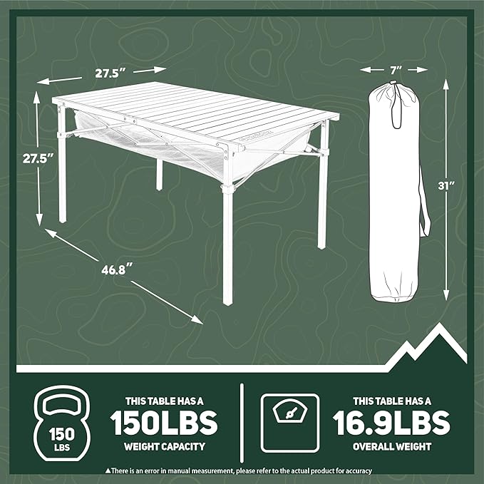 OUTSIDER Folding Camping Table, Portable Roll-up Outdoor Lightweight Aluminum Camp Table for Picnic BBQ Backyards Beach, Large Storage Mesh Pocket and Carrying Bag Included
