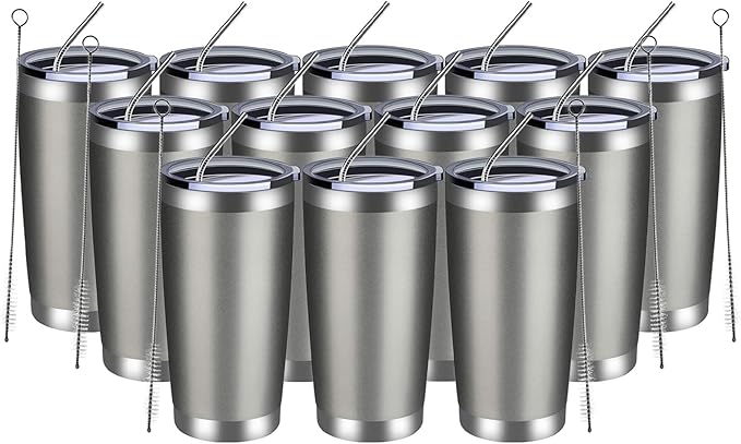 MEWAY 20oz Tumbler 12 Pack Double Wall Vacuum Insulated Travel Mug Bulk, Stainless Steel Tumblers with Lid and Straw, Durable Powder Coated Coffee Cups for Cold & Hot Drinks (Cold Gray, 12)