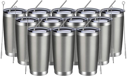 MEWAY 20oz Tumbler 12 Pack Double Wall Vacuum Insulated Travel Mug Bulk, Stainless Steel Tumblers with Lid and Straw, Durable Powder Coated Coffee Cups for Cold & Hot Drinks (Cold Gray, 12)