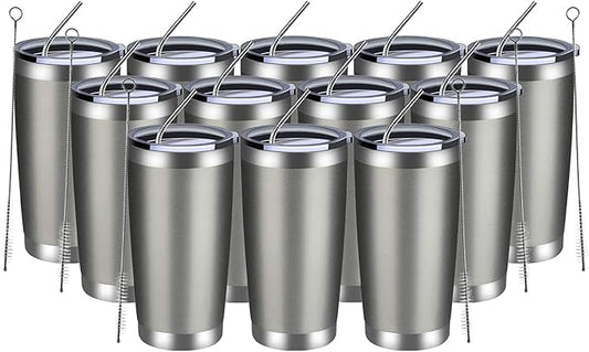 MEWAY 20oz Tumbler 12 Pack Double Wall Vacuum Insulated Travel Mug Bulk, Stainless Steel Tumblers with Lid and Straw, Durable Powder Coated Coffee Cups for Cold & Hot Drinks (Cold Gray, 12)