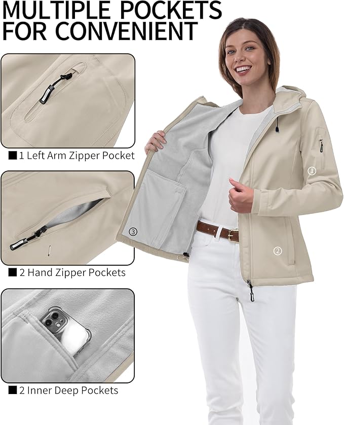 Outdoor Ventures Women's Softshell Jacket with Hood Fleece Lined Warm Lightweight Waterproof Insulated Windbreaker
