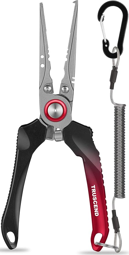 TRUSCEND Lockable Handy Fishing Pliers with Innovative Ergonomic Handle, Saltwater Corrosion Resistant Teflon Coated Fishing Tool, Multi-Function Fishing Gear with Mo-V Cutter