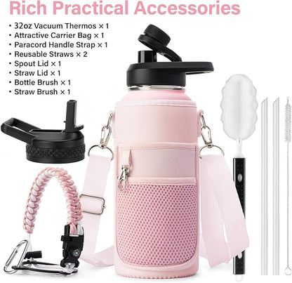 Insulated Water Bottle | Thickened Stainless Steel Vacuum Metal | Portable Sports Water Jug for Gym and Hiking with Straw, Carrier Bag, Handle Strap | BPA-Free 32 oz, Pink