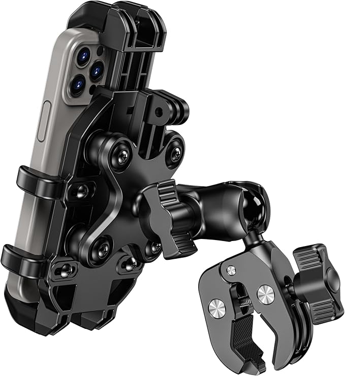 BRCOVAN Motorcycle Phone Mount Holder with Vibration Dampener, Anti-Shake Cellphone Clamp Fit Handlebars 0.5'' to 1.5'' in Diameter for Bike Bicycle Scooter ATV, Adjustable Fit 5.4-6.9'' Smartphones