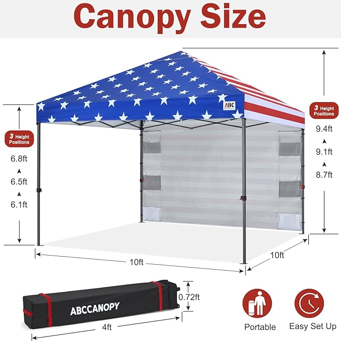ABCCANOPY Pop Up Canopy with Sidewall,10x10 Outdoor Canopy Tent with Storage Sidewall for Commercial Events with 4 Weights (American Flag)