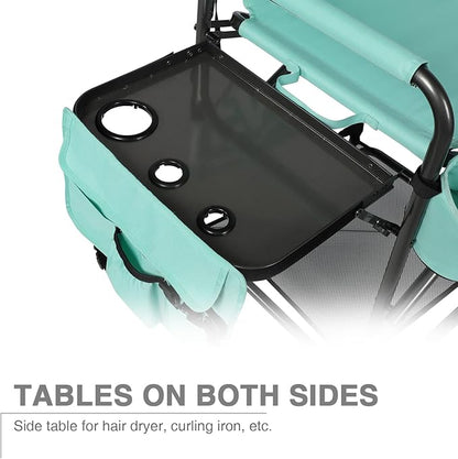 EVER ADVANCED 31" Tall Portable Makeup Artist Chair for Clients Directors Chair with Two Side Tables, Foldable Folding Chair for MUA, Craft Shows, Hair Stylist, Salons, Movie Sets 350LBS Green