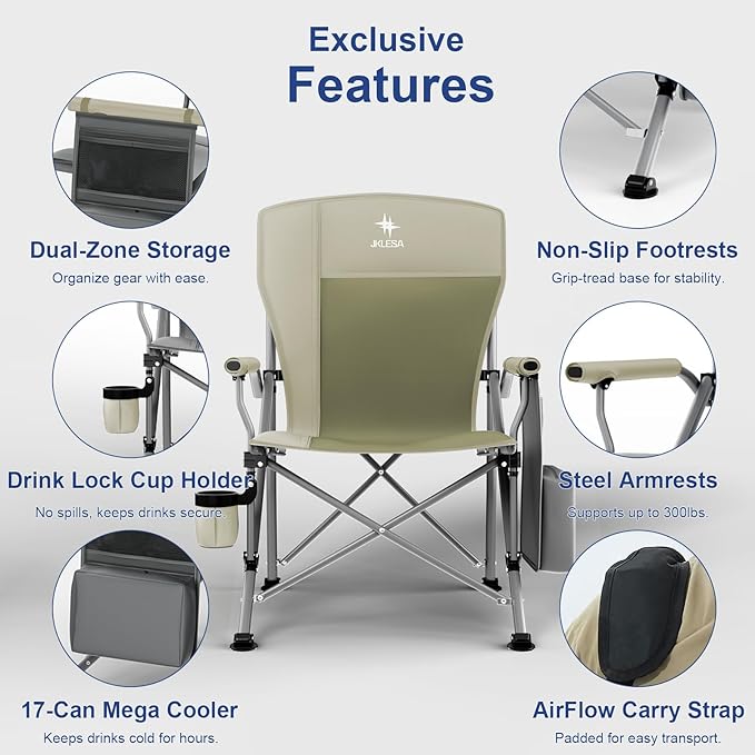 XL Heavy Duty Camping Chair 396lb Capacity (525lb MAX) - Waterproof 1680D Oxford - Oversized 2" Thick Padded Seat with Cup Holder & Cooler - Portable for Camping, Beach, Tailgating Taupe/Olive